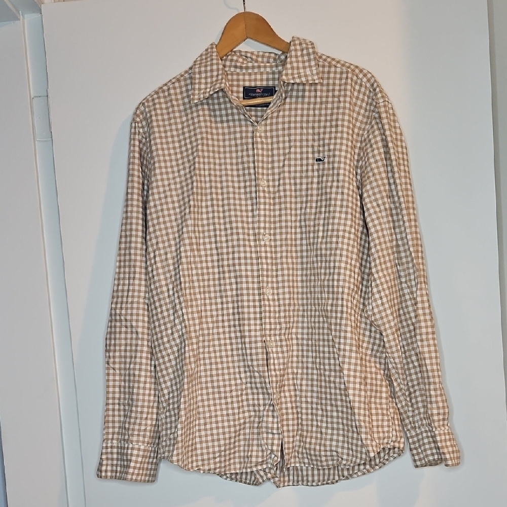 Vineyard Vines Beige Plaid Woven Classic Fit Whale Shirt 100% Cotton Mens XL